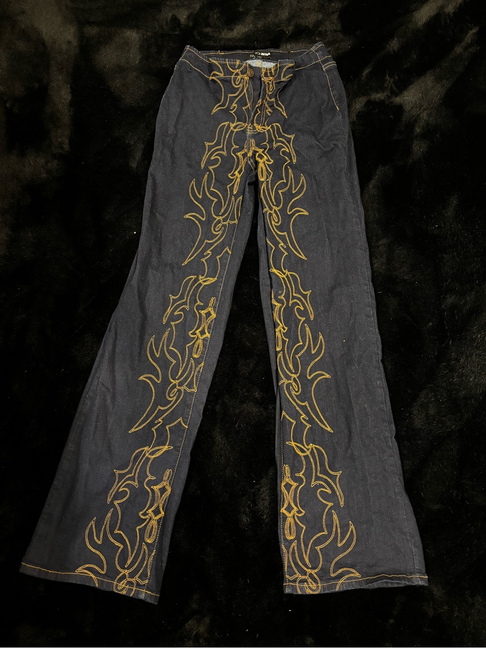 Fashion Nova Black Denim Bootcut Pants with Gold Flame Stitching